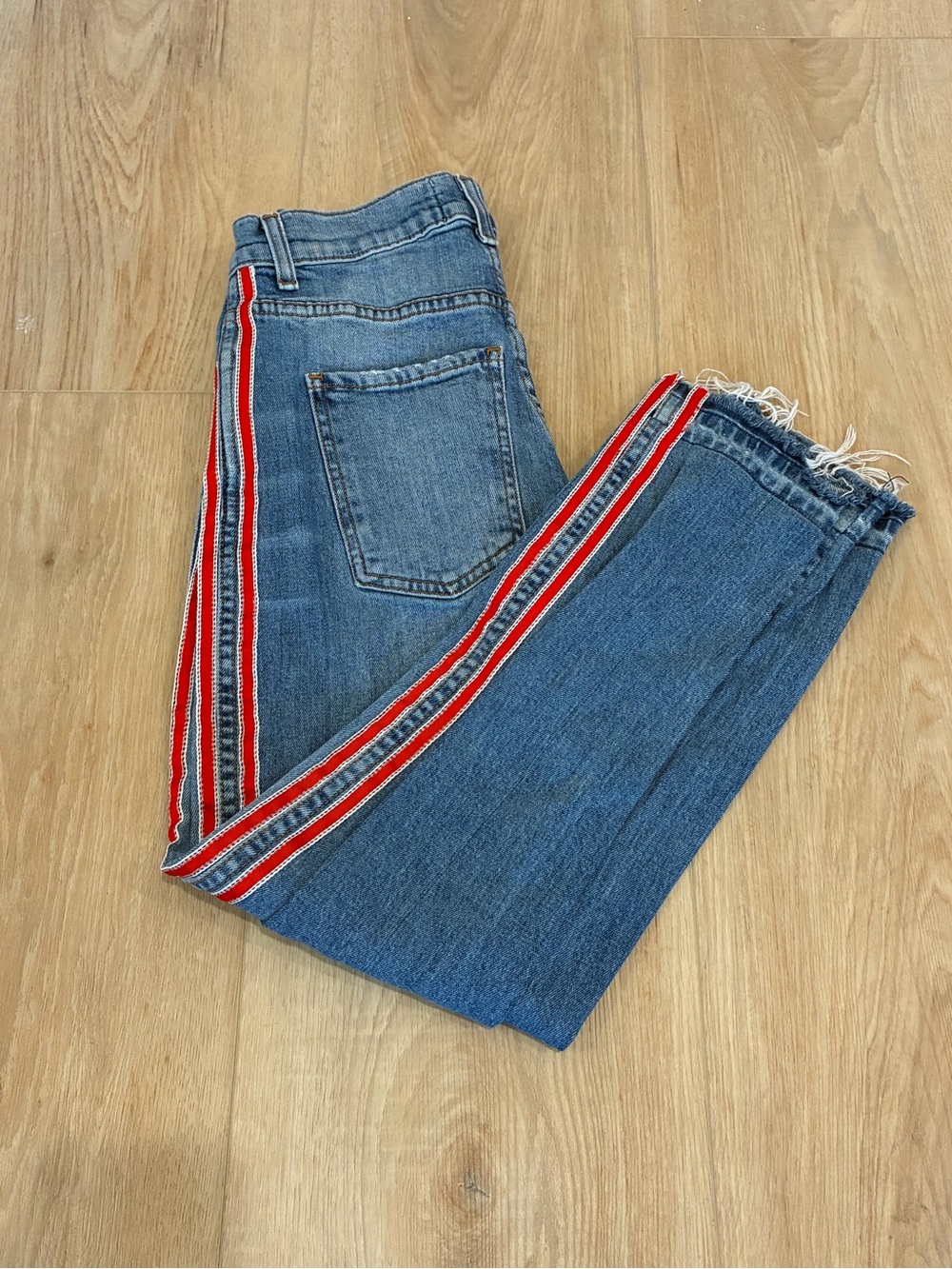 REVICE Denim Size 26 Red White Side Stripe Raw Hem